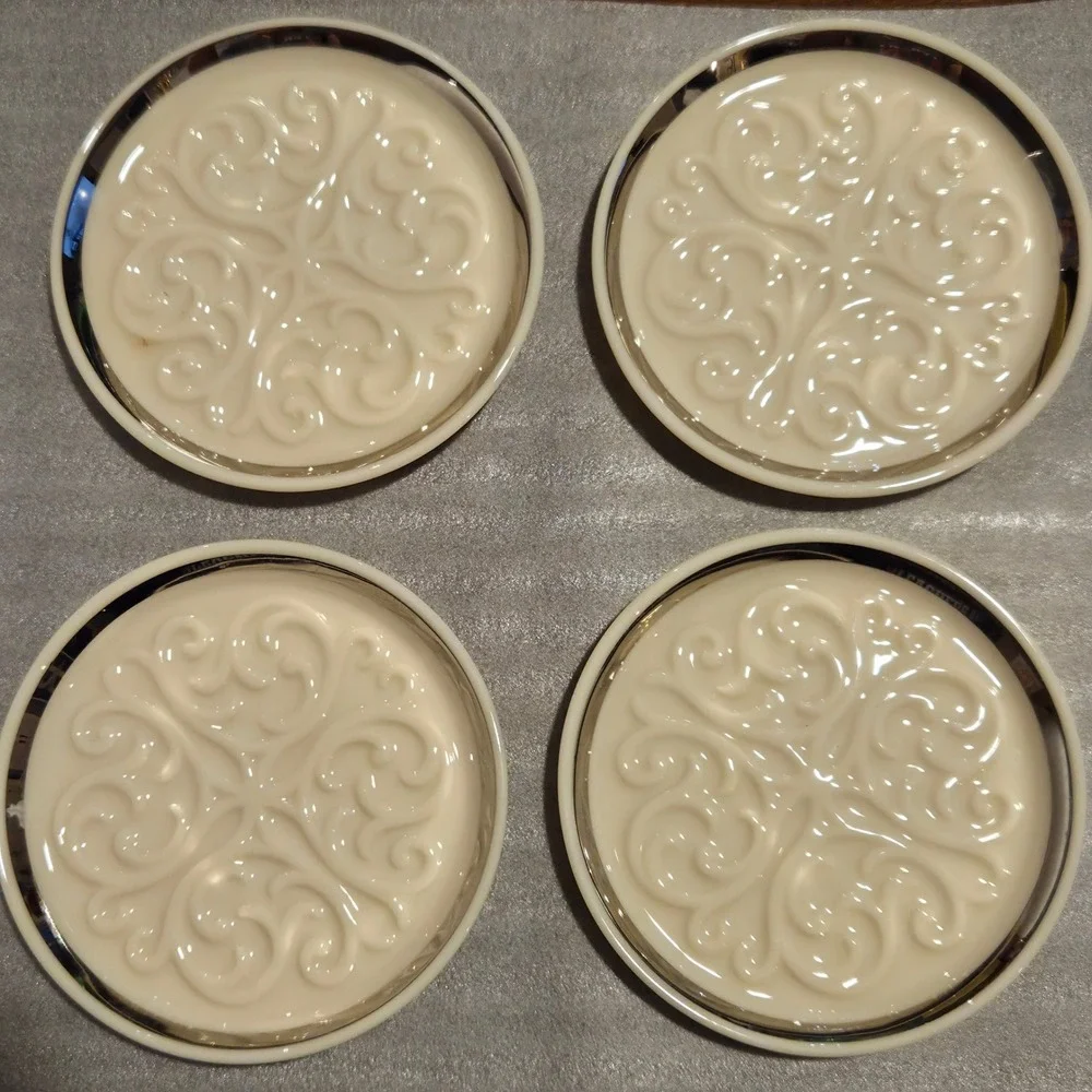 Lenox Ivory Bone China Coasters Set/4 Platinum Rim Scroll Filigree Made in USA